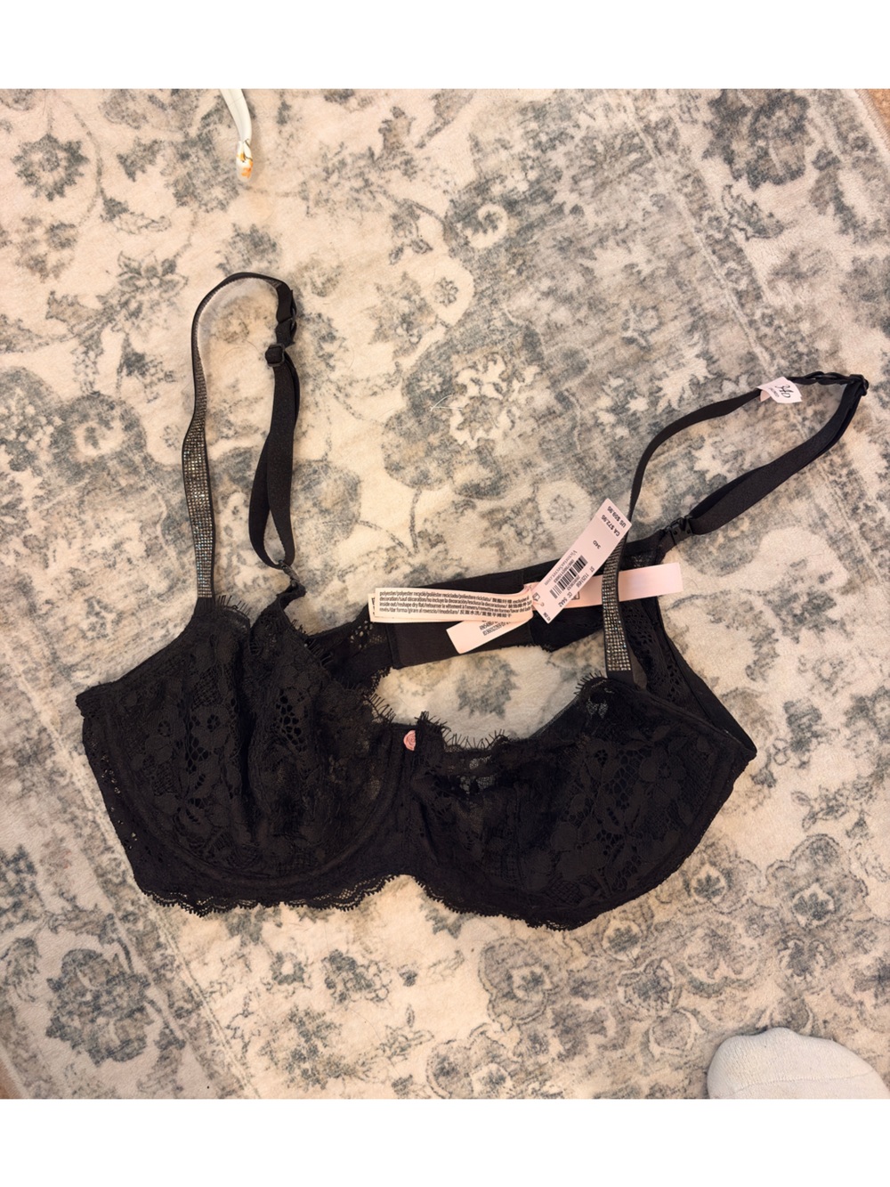 Victoria's Secret Black Lace Underwire Bra with Rhinestone Straps